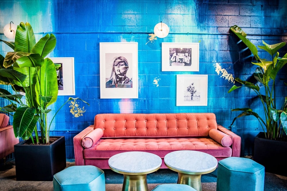 Colorful Faded Monkey Lounge with coral sofa, teal stools, and blue walls.