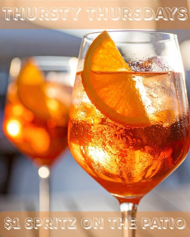 Soak up the sun and sip on $1 spritz on the patio every Thursday*

*with purchase of a sandwich / patio only